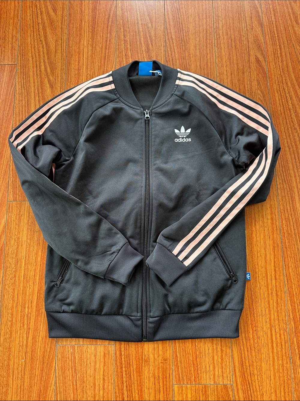 adidas Black Track Jacket with Light Pink Sleeve Stripes